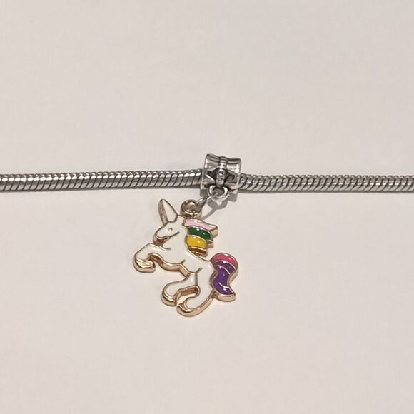 charm Jewelry - Silver Gold Rainbow Unicorn‎ Enamel Dangle Charm for Pandora Style Bracelet